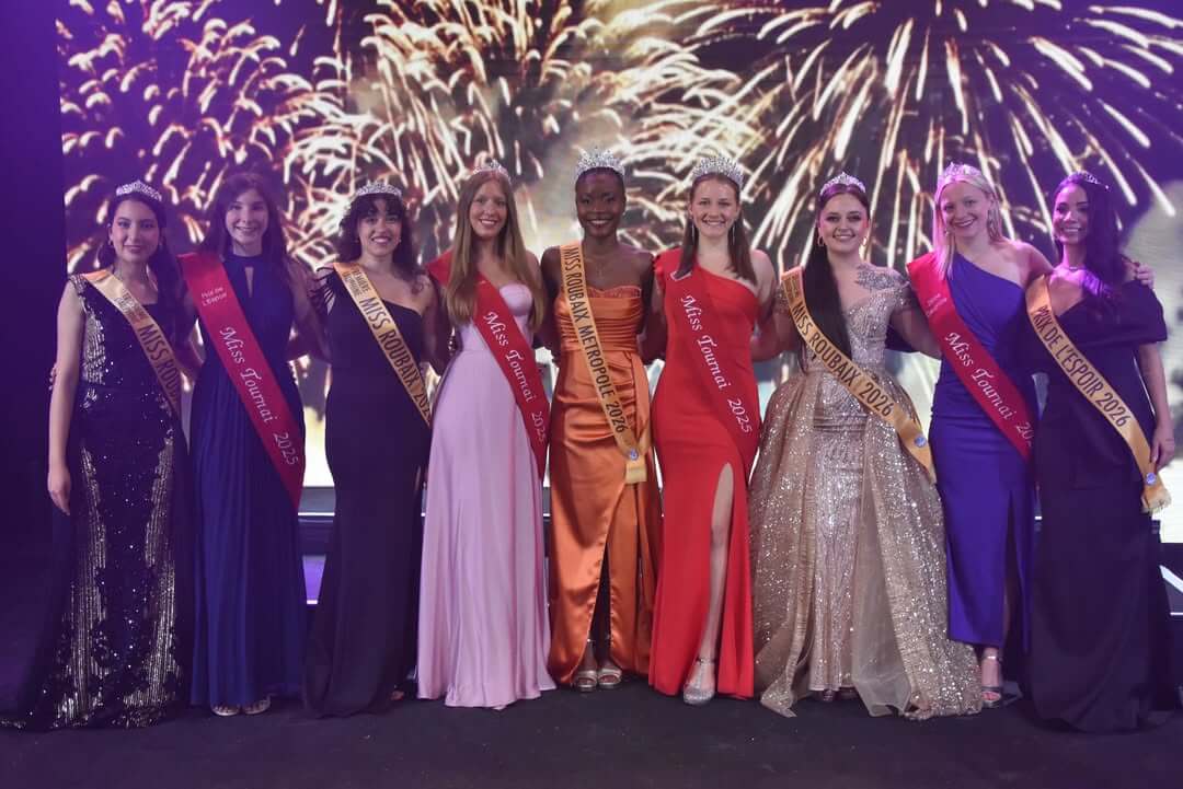 Élection de Miss Roubaix Métropole 2023 dans la salle Watremez, podium des gagnantes et comité organisateur.